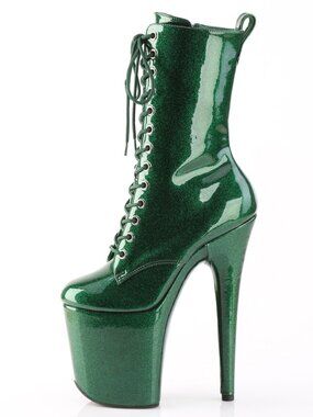 Emerald Green Glitter 8" Heel 4" Platform Lace-Up Festival Rave Boots